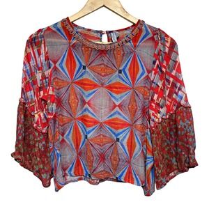 Anthropologie Blank London‎ Sheer Blouse Womens XS Geometric Artsy Bell Sleeve